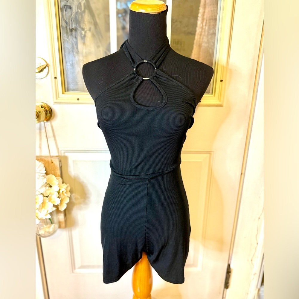 PrettyLittleThing Black Ribbed Romper